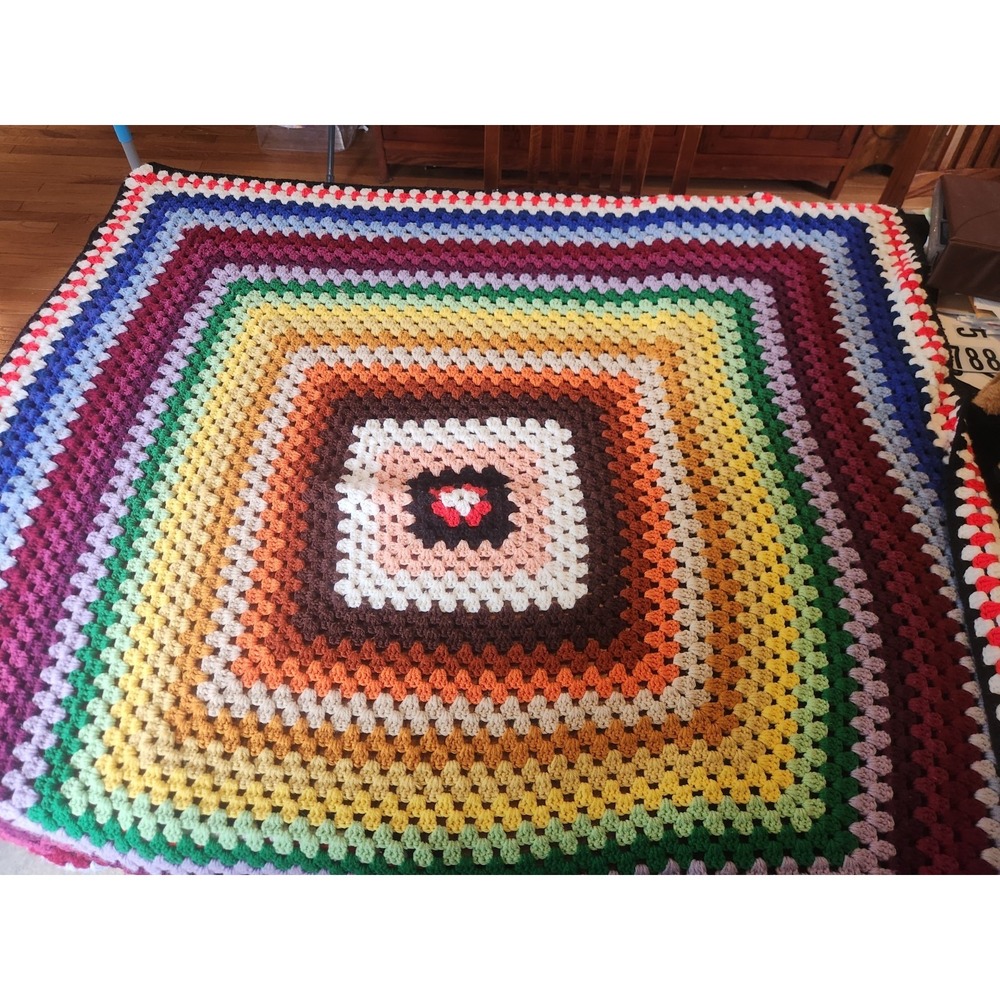Vintage Crocheted Granny Square Afghan Blanket 55x55 Rainbow Hippie Bohemia